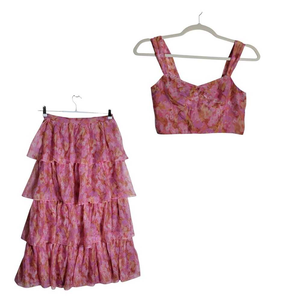 American Eagle Pink Floral Tiered Maxi Skirt and Crop Top Set Size Medium